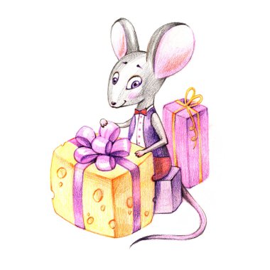 Hediyelerle noel faresi. Yeni Yıl, postacı, yılın sembolü, 2020, kartpostal.