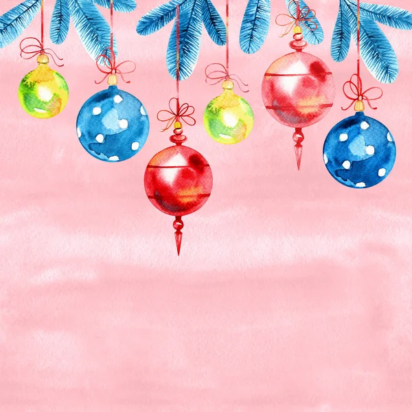 Watercolor Christmas and New Year decoration. Christmas balls on spruce. — Stock Photo, Image