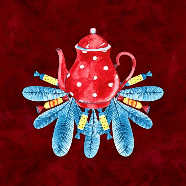 水彩红咖啡壶。舒适的冬季插图. — 图库照片