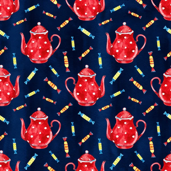 High quality watercolor hand drawn seamless pattern with teapots isolated. Good for fabric, wrapping paper, prints etc — Stock Photo, Image
