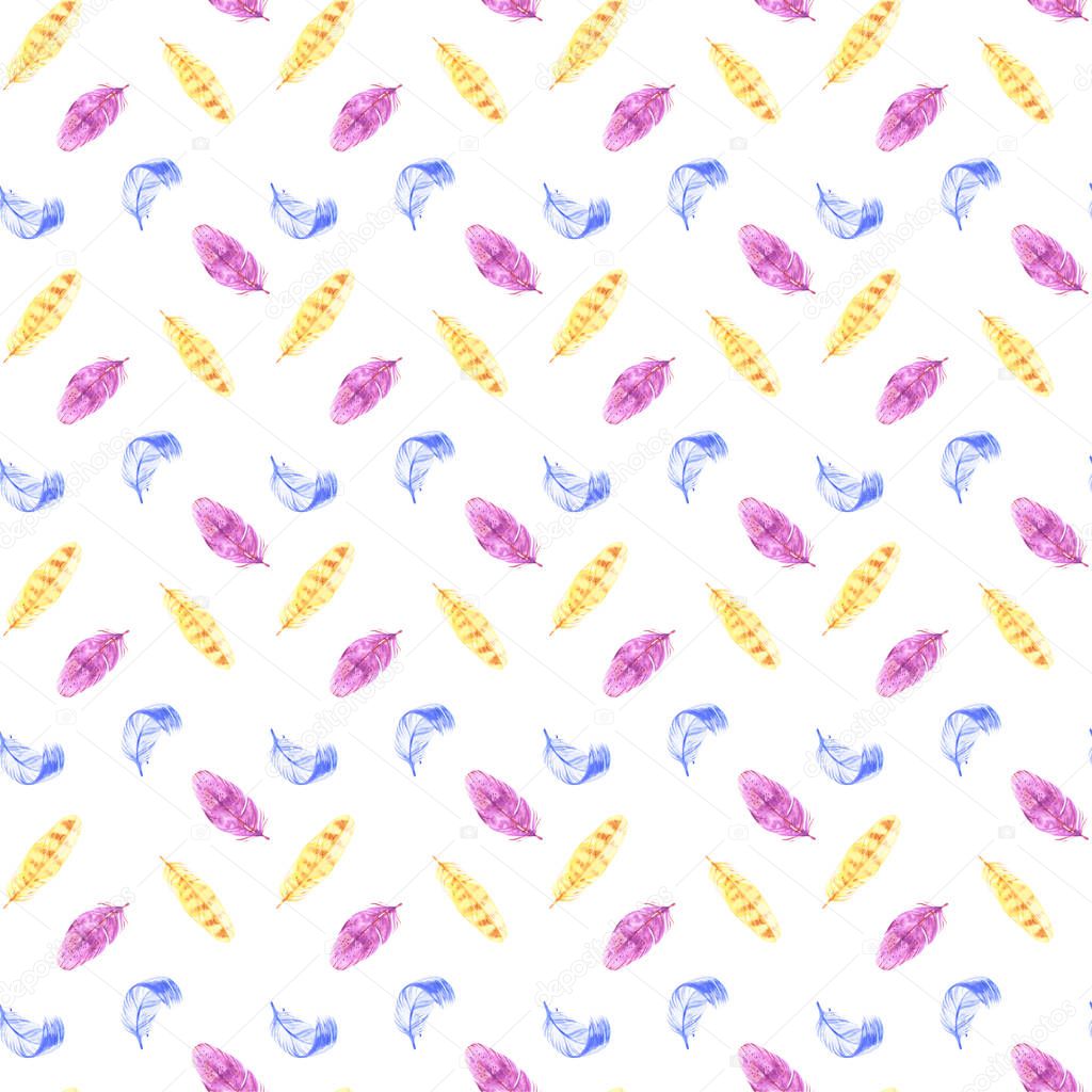 Hand painted watercolor feathers seamless pattern on white background. Textured pink boho decoration. Pastel ornament for wrapping paper, fabrics and textile.