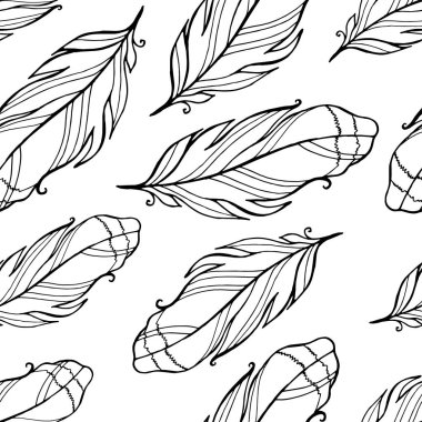 Siyah ve beyaz tüylerin kusursuz deseni. Vektör çizimi