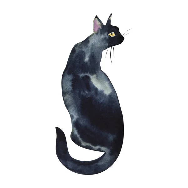 Vue arrière du chat noir assis aquarelle humide sur papier art d'illustration primitif doux — Photo