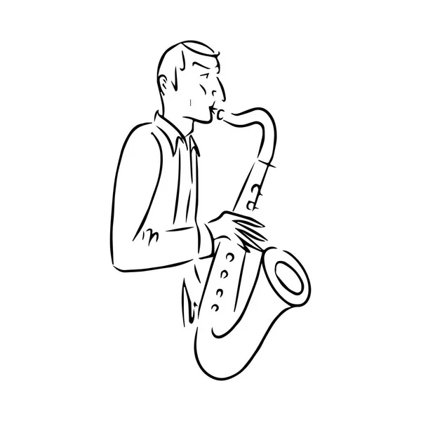 재즈 컨셉, 색소폰을 연주하는 남자, 음악 일러스트레이션, 손으로 그린, 스케치 로고 — 스톡 벡터