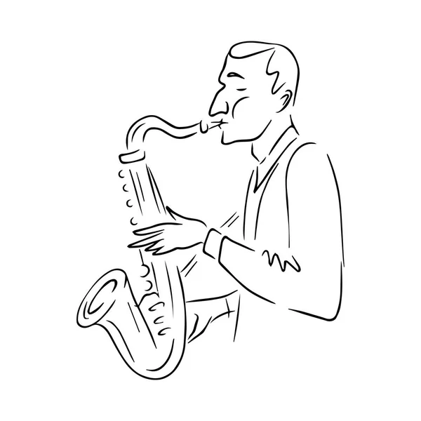 Concepto JAZZ, hombre tocando el saxofón, ilustración musical, dibujado a mano, logotipo del boceto — Vector de stock