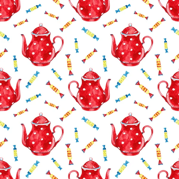 High quality watercolor hand drawn seamless pattern with teapots isolated. Good for fabric, wrapping paper, prints etc — Stock Photo, Image