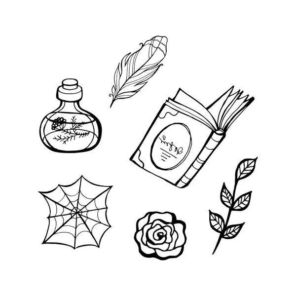 Fairy tale witch set. Halloween line vector illustration. Fantasy icons, mono vector symbols — Stock Vector