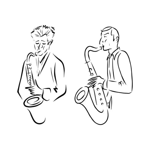 Musicisti jazz che suonano. Sassofono schizzo giocatori . — Vettoriale Stock