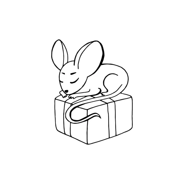 Ilustración vectorial en blanco y negro del ratón con regalo . — Vector de stock