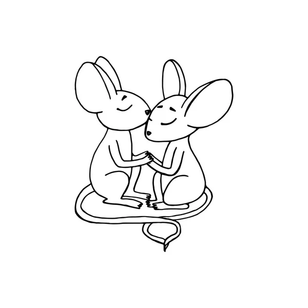 Чорно-біла векторна ілюстрація. Дві миші сидять один навпроти одного і тримаються за лапи. Шаблон для романтичної листівки. Сторінка розмальовки . — стоковий вектор
