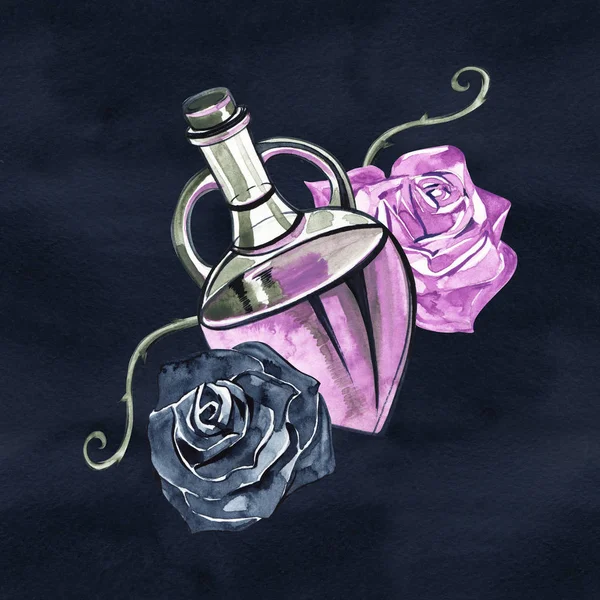 Egy szép üveg női illat-és a rózsa levelekkel. Akvarell egy képeslapot vagy egy poszter, nyomtatás ruhát. Neki. Divat-stílus. Elbűvölő tartozék. — Stock Fotó