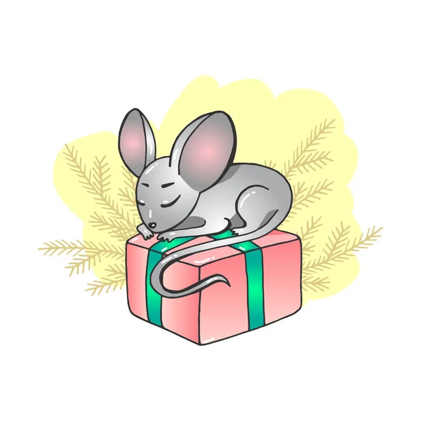 Ilustración vectorial de color del ratón con regalo. Pegatina de Navidad — Vector de stock