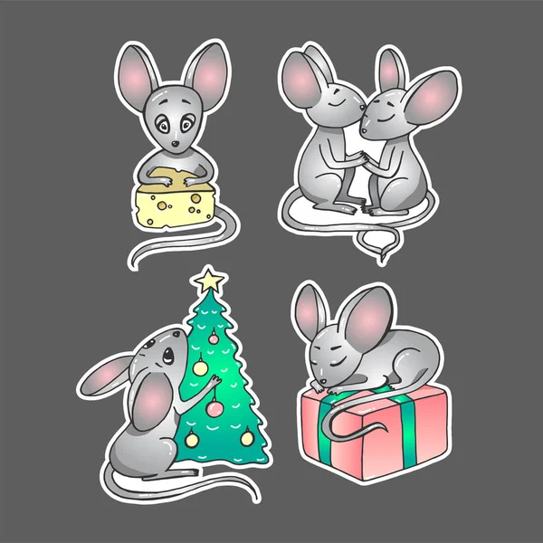 Векторная иллюстрация с мультяшными мышами - символ китайского нового 2020 года. Мыши с рождественскими атрибутами в виде наклеек. Искусство можно использовать для приглашения на праздник, открытки, плаката, упаковки — стоковый вектор