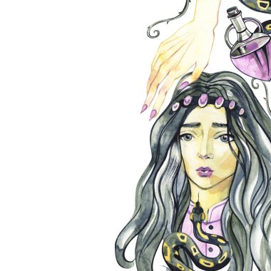 Cadı ile suluboya arka plan. Cadılar Bayramı illüstrasyonu. Karanlık peri masalı tasarımı.