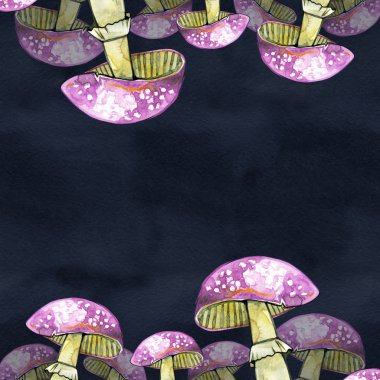 Suluboya sinek agaric, amanitas ile el çizilmiş kare kare çerçeve. Cadılar Bayramı tatil illüstrasyon. Komik yiyecek ve içecek. Zehirli muamele. Büyü, korku sembolü.