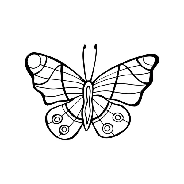 Increíble mariposa mosca con puntos, espirales, triángulos. Insecto de la vida salvaje. Vector. Concepto de bohemia creativa para invitaciones de boda, tarjetas, entradas, felicitaciones, marca, logotipo, etiqueta. Blanco y negro — Vector de stock