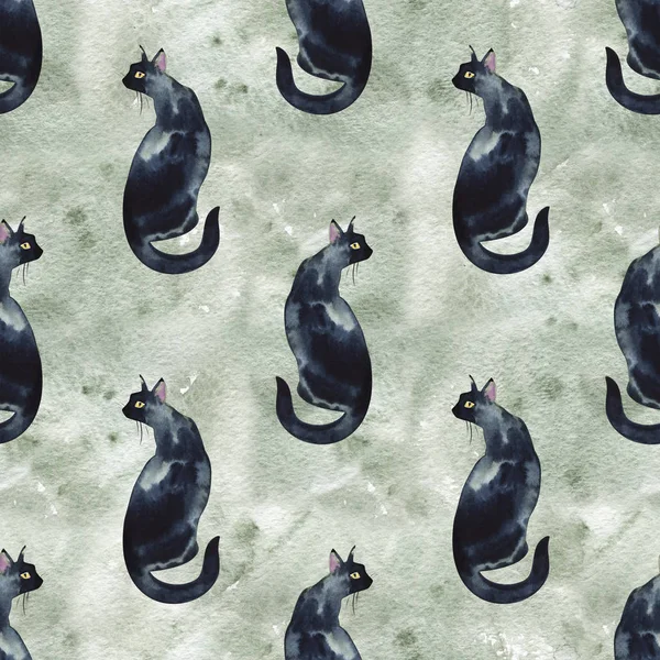 Padrão sem costura com silhueta aquarela de gato preto com cauda longa . — Fotografia de Stock