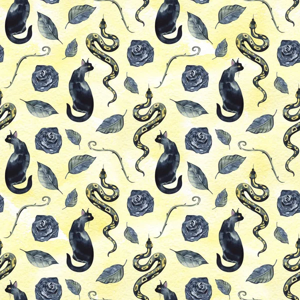 검은 뱀. 솔기없는 패턴입니다. 핼러윈 무늬 의수 채색 — 스톡 사진