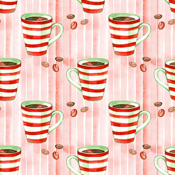 Seamless watercolor pattern with hot winter drink . Coffee, chocolate, mulled wine, cinnamon and other elements — Stock Photo, Image