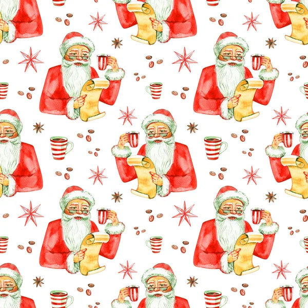 Merry Christmas en Happy New Year naadloze patroon met Santa en geschenken op witte achtergrond. Aquarel illustratie. — Stockfoto