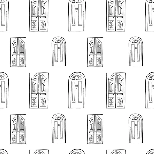 Dessin vintage fond sans couture avec de vieilles portes. Modèle avec croquis de portes rétro . — Image vectorielle