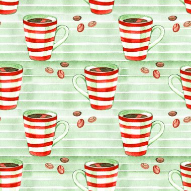 Sıcak çikolata dikişsiz desen. Sıcak içecekler Noel arka plan. Suluboya illüstrasyon