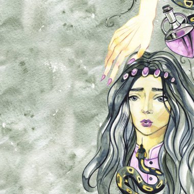 Bir orman cadısının portresi. Suluboya cadılar bayramı koyu peri masalı tasarımı.