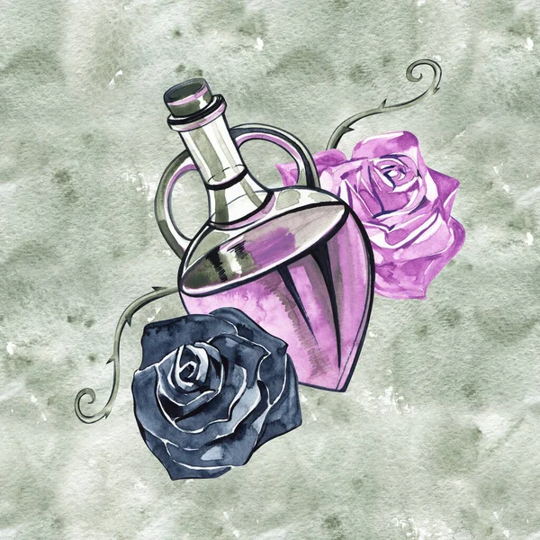 Akvarell illusztráció egy szerelmi bájitalt. Boszorkány kvintesszencia. Halloween design. Print Valentin-nap. Rózsaszín lila üvegpalack. — Stock Fotó