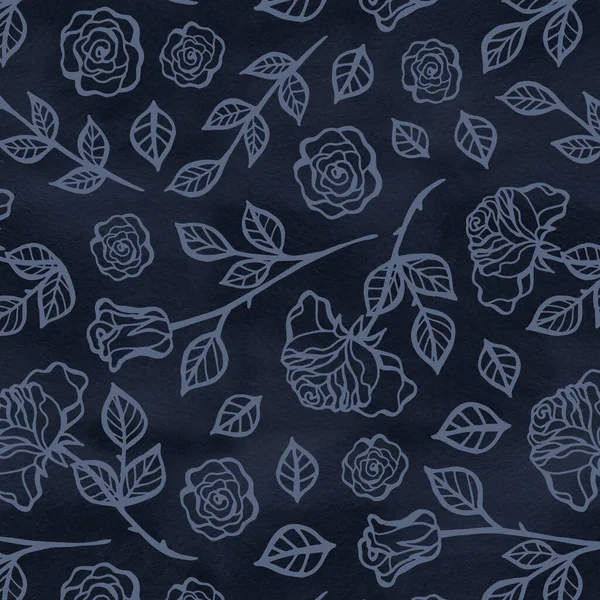 Rosas desenhadas à mão, imitando pontos de bordado popular, no fundo azul escuro padrão Floral sem costura — Fotografia de Stock