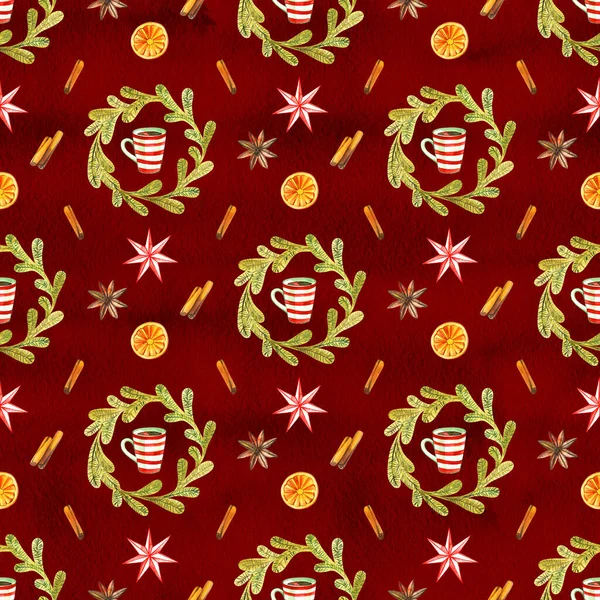Seamless doodle background with mulled warm wine and floral elements for design, watercolor — Stock Photo, Image