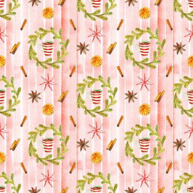 Tasarım, suluboya için mulled sıcak şarap ve çiçek elemanları ile Dikişsiz doodle arka plan