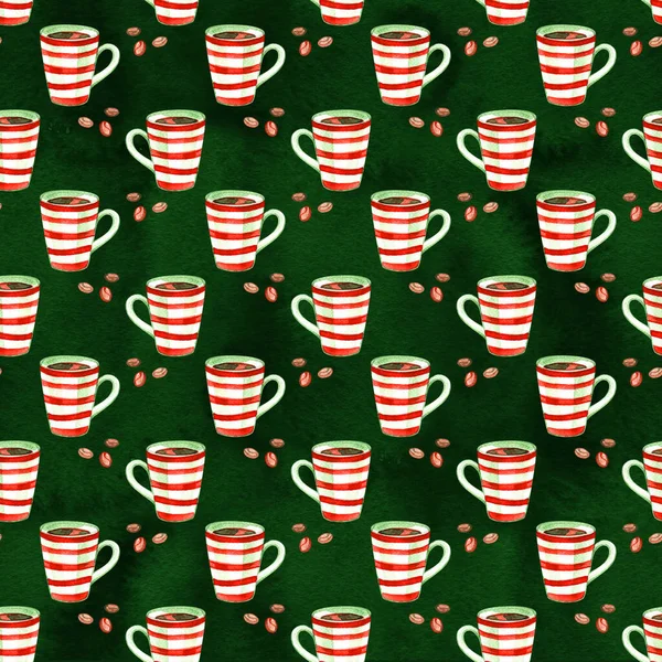 Acquerello Natale carino illustrazioni collezione. Vacanza caffè sfondo senza soluzione di continuità. Modello di Natale per scrapbook e design — Foto Stock