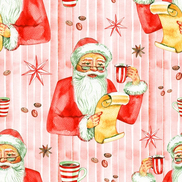 Feliz Natal e Feliz Ano Novo sem costura padrão com Papai Noel e presentes no fundo branco. Ilustração aquarela . — Fotografia de Stock