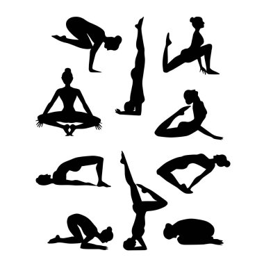 Bir grup yoga ya da pilates siluet oluşturur. Vektör illüstrasyonu