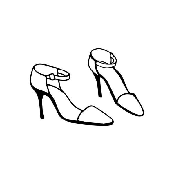 Romantisk ikon av två klassiska kvinnors skodon objekt isolerad på vit bakgrund. Frihand bläck handritad bild tecken skiss i konst klotter stil penna på papper. Närbild sida vy med utrymme för text. — Stock vektor