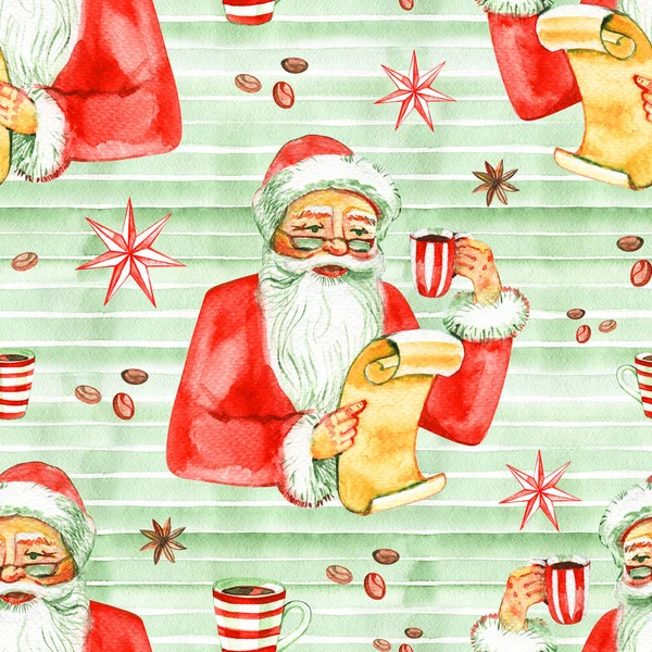 Feliz Natal e Feliz Ano Novo sem costura padrão com Papai Noel e presentes no fundo branco. Ilustração aquarela . — Fotografia de Stock