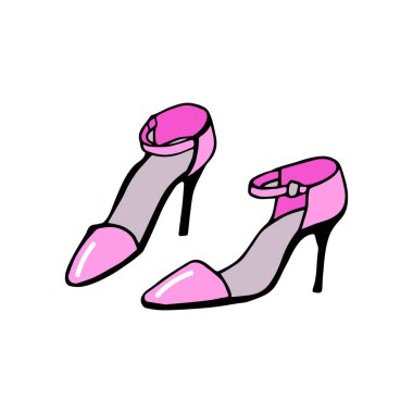 Beyaz arka planda izole edilmiş iki klasik kadın ayakkabısı eşyasının romantik ikonu. El yazısıyla çizilmiş resim tabelası. Kağıda karalama tarzı kalemle çizilmiş. Metin için boşluk olan kenar görünümünü kapat.