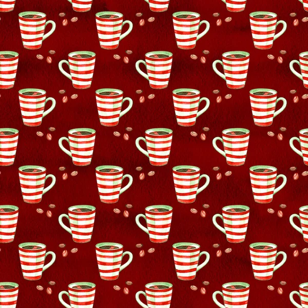 Watercolor christmas cute illustrations collection. Holiday coffee seamless background. Christmas pattern for scrapbook and design — Stock Photo, Image