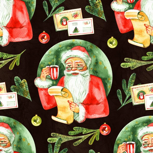 Рождество бесшовный фон с письмом к Санта-Клаусу. Новогодний и рождественский праздник винтажный узор, акварель и графическая иллюстрация ручной работы с надписью — стоковое фото