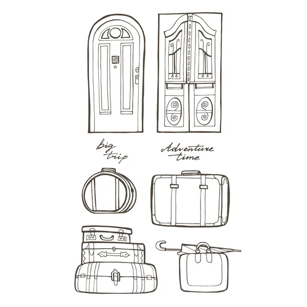 Набор старинных чемоданов и дверей. Векторная иллюстрация на белом фоне — стоковый вектор