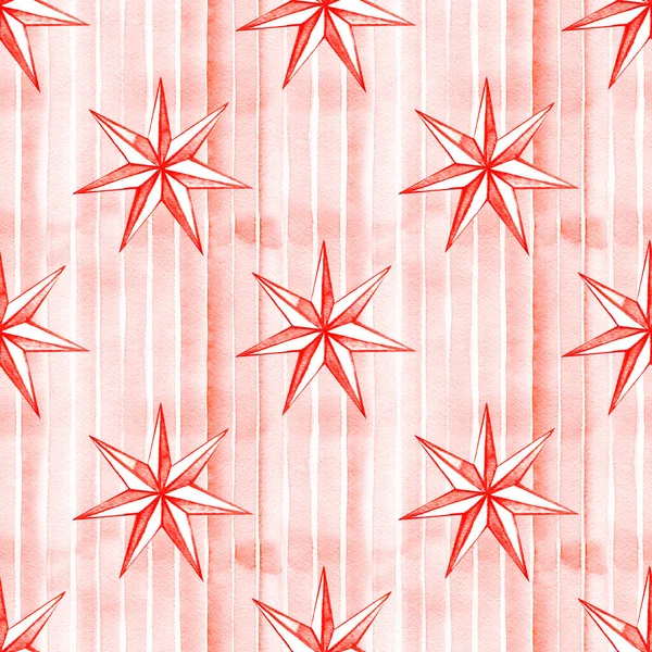 Hand drawn stars seamless pattern. Retro vintage style. Watercolor red stars. Seamless background. Watercolor illustration.