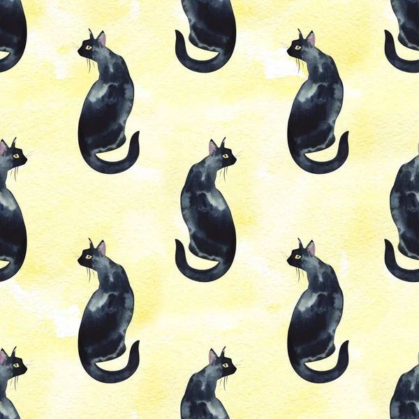 꽁지가긴 검은 고양이의 물색 실루엣 무늬가 있는 솔기없는 무늬. — 스톡 사진