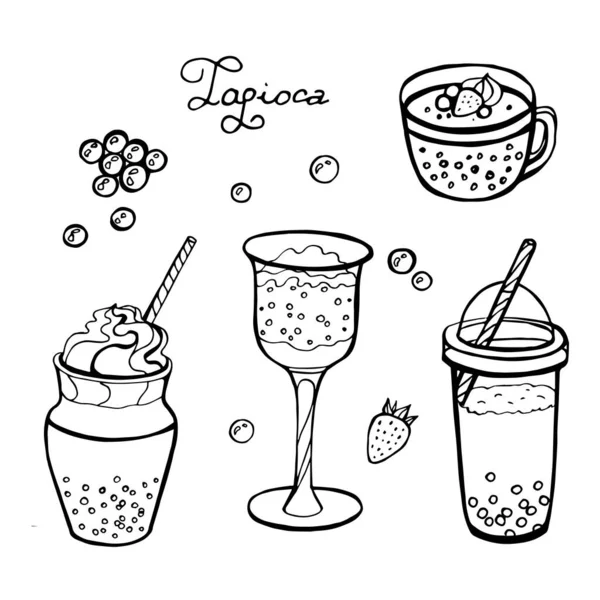 Illustration vectorielle. Boisson populaire dessinée à la main, Thé au lait avec perles de tapioca . — Image vectorielle