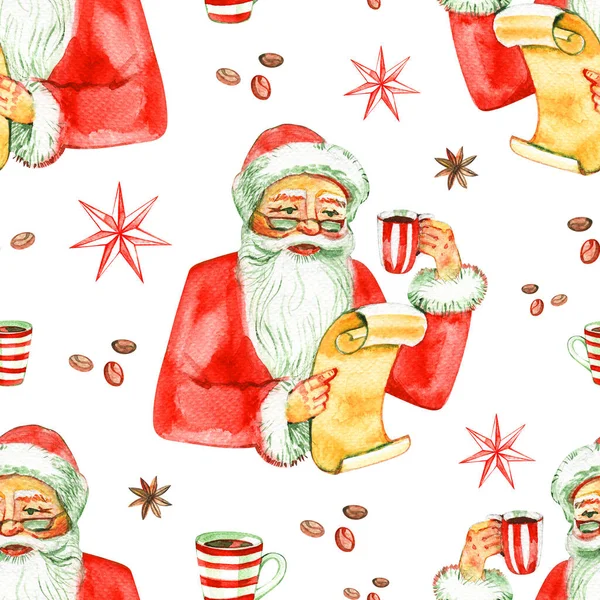 Feliz Natal e Feliz Ano Novo sem costura padrão com Papai Noel e presentes no fundo branco. Ilustração aquarela . — Fotografia de Stock