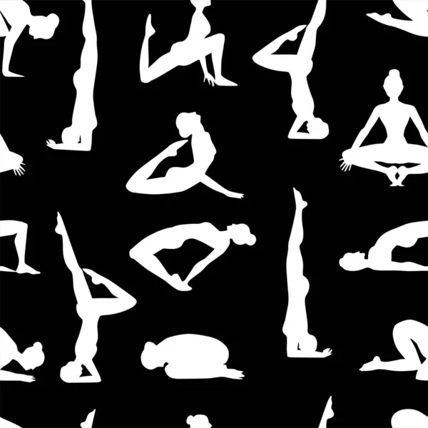 Schema senza soluzione di continuità. Yoga si pone come sfondo senza soluzione di continuità. Sfondo con donne nei colori bianco e nero. Sfondo bianco e nero senza cuciture con le ragazze in pose yoga. Sfondo yoga — Vettoriale Stock