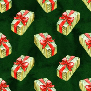 Noel ve Yeni Yıl hediyeleri ile dikişsiz desen. Suluboya illüstrasyon