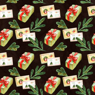 Noel Baba'ya mektupla Noel sorunsuz arka plan. Yeni Yıl ve Noel tatili vintage desen, suluboya ve grafik el harfleri ile çizilmiş illüstrasyon.