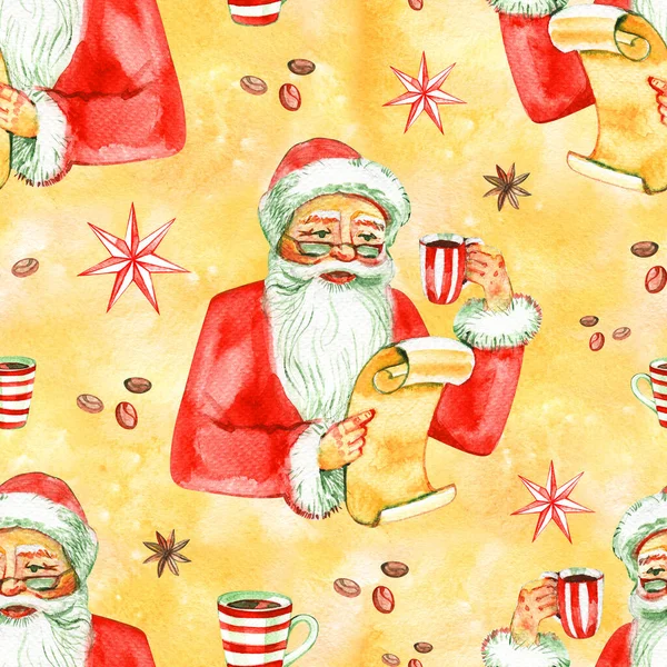Joyeux Noël et bonne année Modèle sans couture avec le Père Noël et des cadeaux sur fond blanc. Illustration aquarelle . — Photo