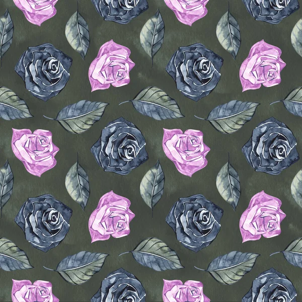 Rosas desenhadas à mão, imitando pontos de bordado popular, no fundo azul escuro padrão Floral sem costura — Fotografia de Stock