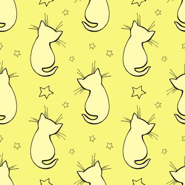 Kusursuz renksiz kedi desenli vektör çizimi. Küçük kedicik ve yıldızlar